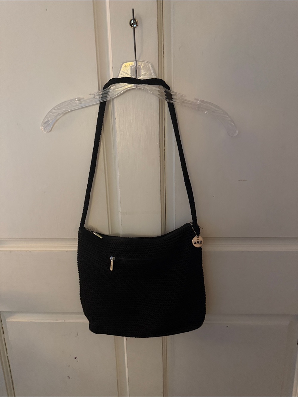 The Sak Black Crochet Shoulder Bag with Front Zip Pocket